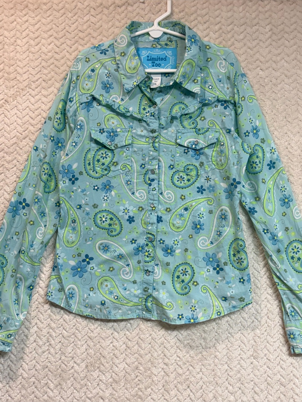 Vtg Y2K Limited Too Sequin Paisley Western Snap Shirt Girls 10 Blue Ruffle